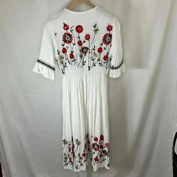 Shineflow Size Small Embroidered Midi Dress White Floral Flowy Boho Romantic - Picture 2 of 8